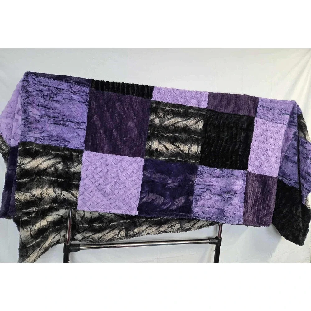 Minky Mamas Patchwork Luxe Minky Blanket 78x57 Purple Black Hide Plush Throw